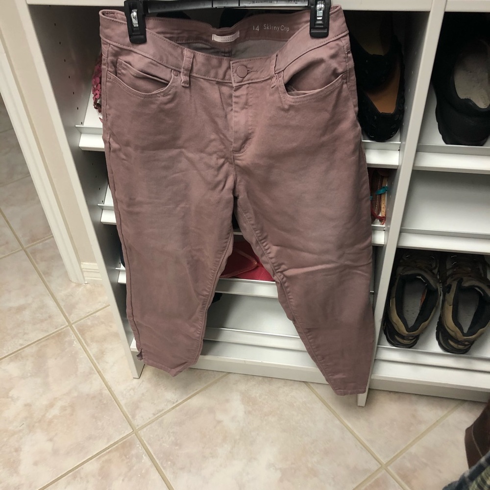 Pink rose denim skinny crop pants